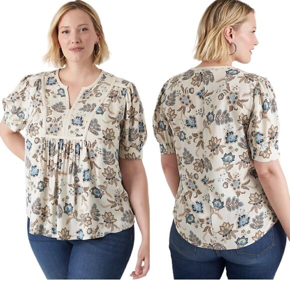 Lane Bryant Plus Size Smocked Floral Top Short-Sleeve Split-Neck Bib Top (14) - Picture 15 of 15